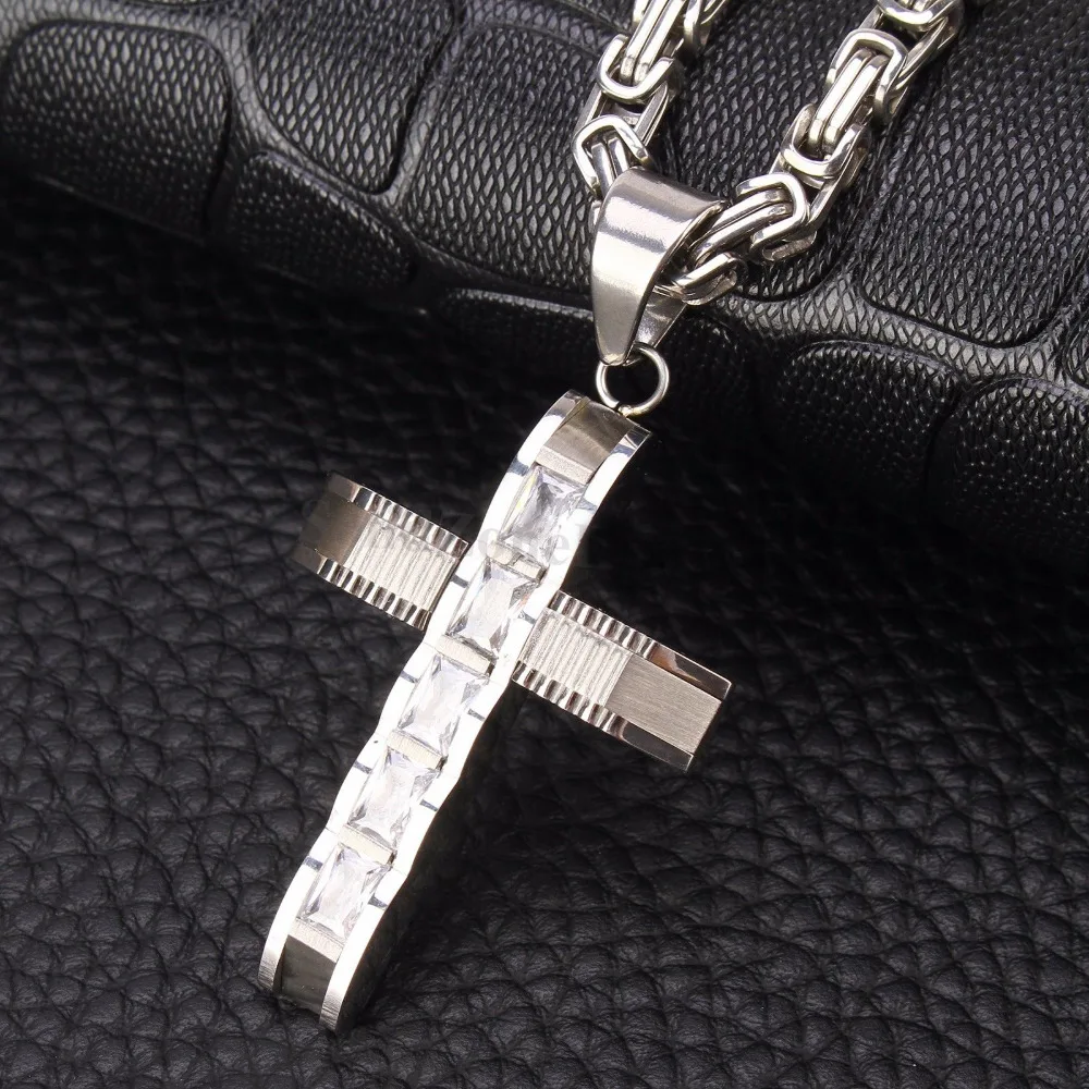 

Mens High Quality Hot Sell Silver Stainless Steel with Stone Cross Pendant Necklace 18"-30"