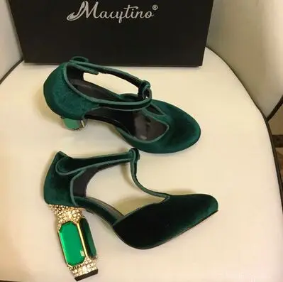 Green T strap Пикантные женские туфли-лодочки замшевые модельные туфли на высоком массивном каблуке с острым носком Весенняя повседневная обувь с Т-образным ремешком - Цвет: Green T strap