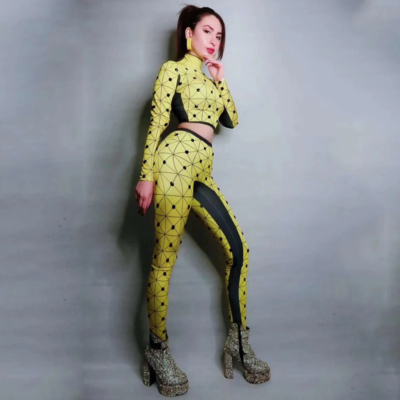 Фетиш ночной клуб сексуальный Zentai желтый костюм 2 шт. вечерняя одежда с длинным