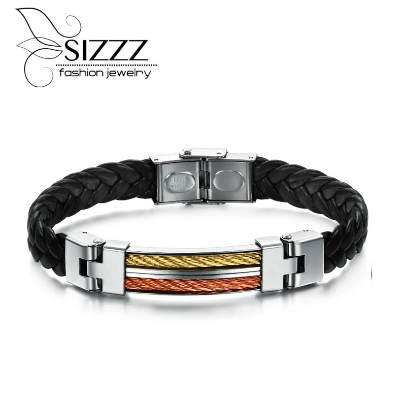 SIZZZ 19cm long 10mm wide fashion jewelry personality men stainless steel leather Bracelet&ampBangles for | Украшения и