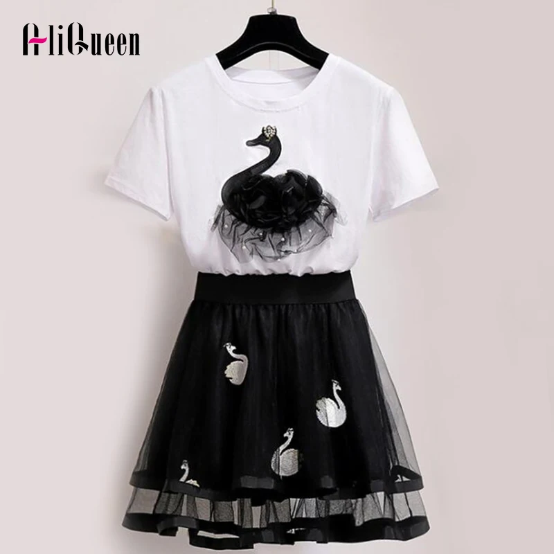 Женский комплект из 2 предметов Тюлевая сетчатая мини-юбка с вышивкой +