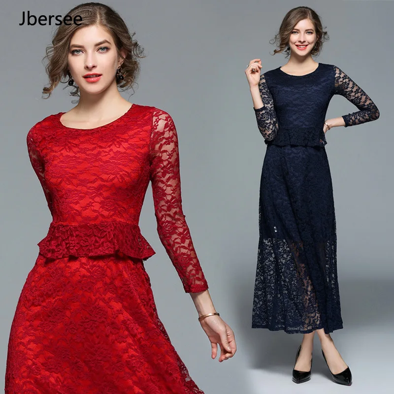 

Femme Plus Size Sexy Lacy Dress Casual Patchwork Ankle-Length Summer Dress High Quality O-Neck Dresses Hot Sale Womens Dress