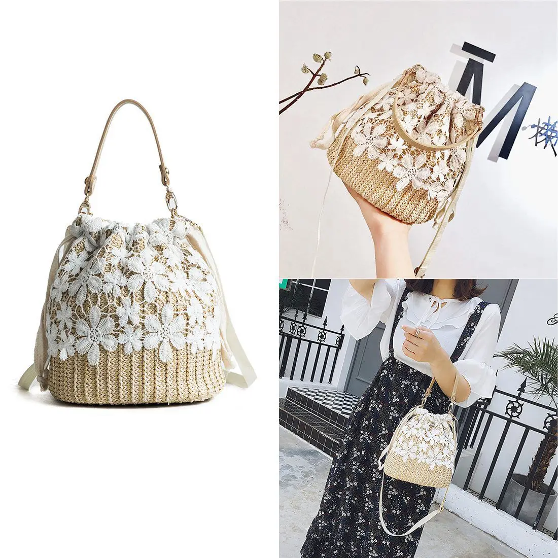 Новая кружевная Соломенная Сумка простая литературная Чистая сумка ведро модная