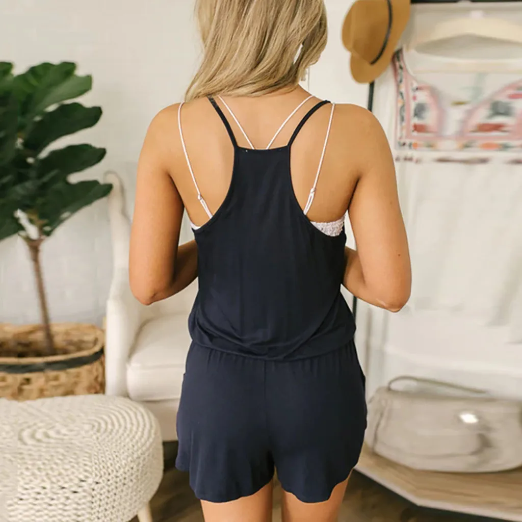 Женский свободный комбинезон без рукавов с v-образным вырезом короткий для