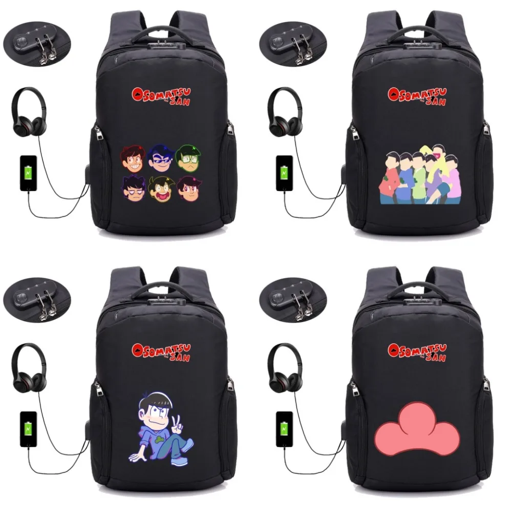 

anime Osomatsu-san backpack Anti-theft USB Charging Backpack Teenager Travel Men Backpack student bookBag 12 style