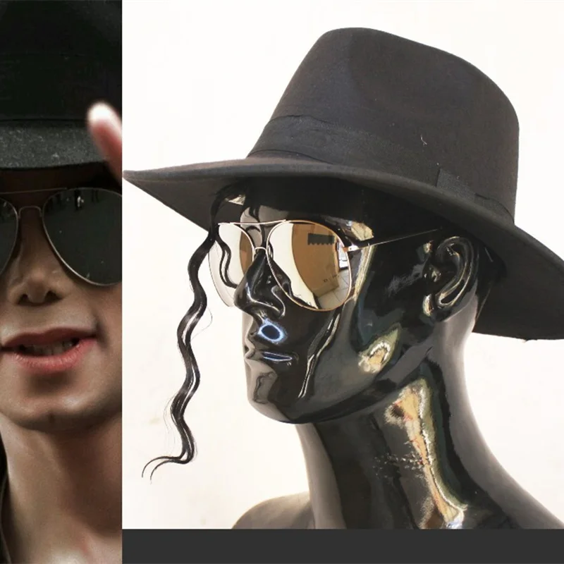 MICHAEL JACKSON MJ  Black Hats Classic Fedora With Few of Wig Frog Big Size Silver Sunglasses Halloween Costume