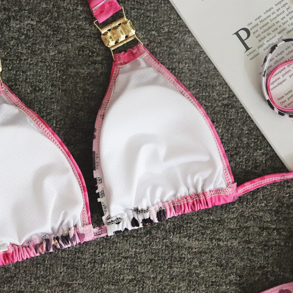 

Dropshipping Crystal Diamond Bandage Bikini Sets Halter Rhinestone Push Up Swimsuit Brazilian Pink leopard Print Beach Biquini