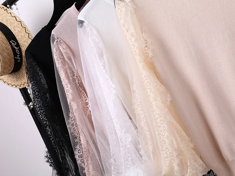 Весна 2020 белая газовая трикотажная одежда с кружевными рукавами милый свитер