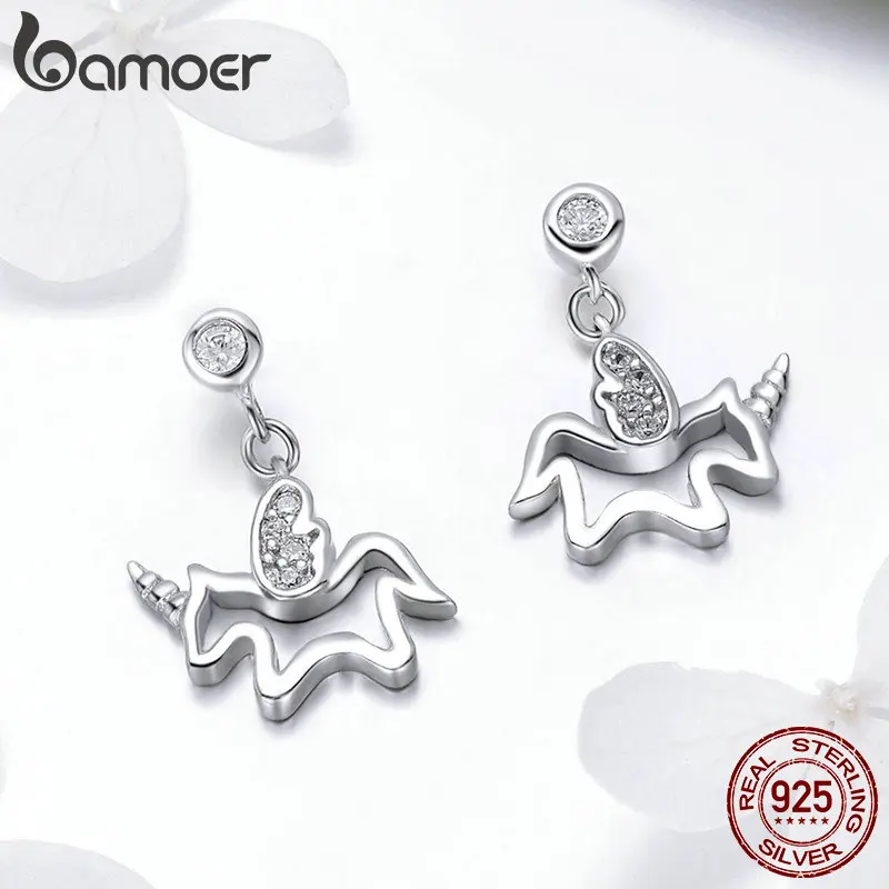 BAMOER, 925 пробы, серебряные трендовые серьги-гвоздики в форме единорога, простая Геометрическая линия, для женщин, серебряные ювелирные изделия SCE425