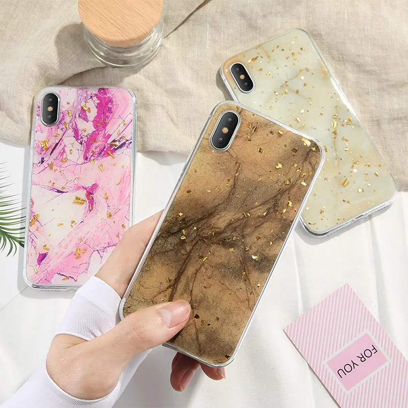 

Soft Case Phone Cases For iphone 8 Plus X XS 7 plus phone Case Cover For iphone 6 6Plus Cover Marble Gold Foil Glue Soft Cover