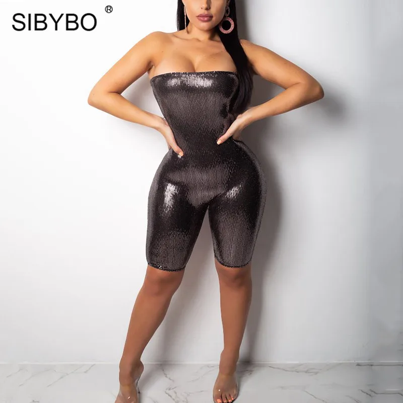 Sibybo без бретелек с блестками сексуальные костюмы пляжного типа и комбинезоны модные с открытыми плечами Тощий комбинезон для женщин с открытой спиной Повседневный Женский Игровой костюм