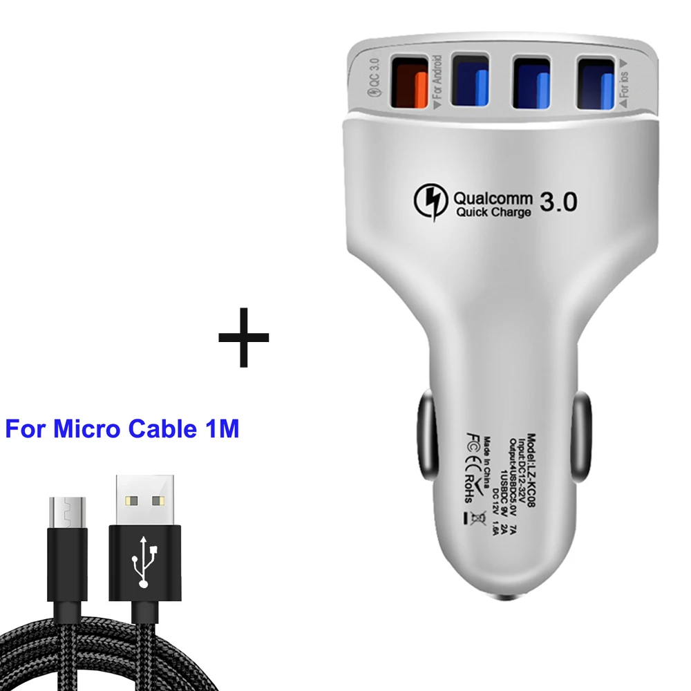 Add micro cable QC3.0 автомобильное зарядное устройство Quick Charge 3,0 быстрое зарядное устройство 4 порта автомобильное USB зарядное устройство адаптер универсальная Быстрая зарядка для iPhone samsung Xiaomi - Тип штекера: Add micro cable