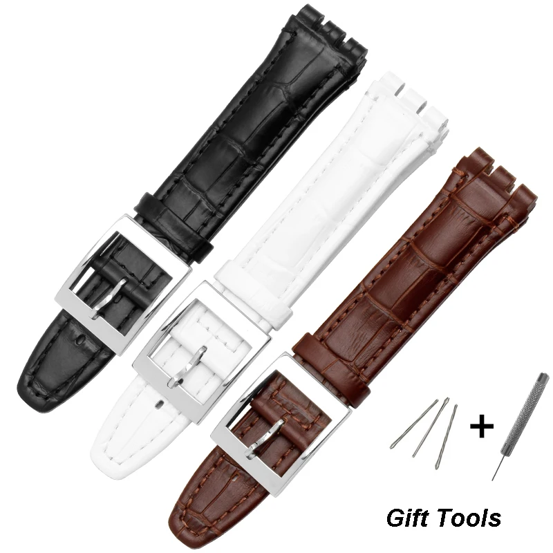 

ENXI 17mm 19mm Quality Genuine Leather Watchband Black Brown Wristband Silver Buckle Replacement Leather Bracelet Swatch Strap