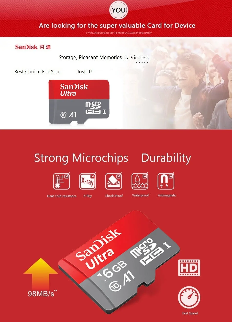 Карта памяти SanDisk Ultra Micro SD 400 Гб 256 ГБ 200 ГБ 128 Гб 64 ГБ 32 ГБ 16 ГБ макс. 100 м/с A1 MicroSD SDHC UHS-I C10 TF