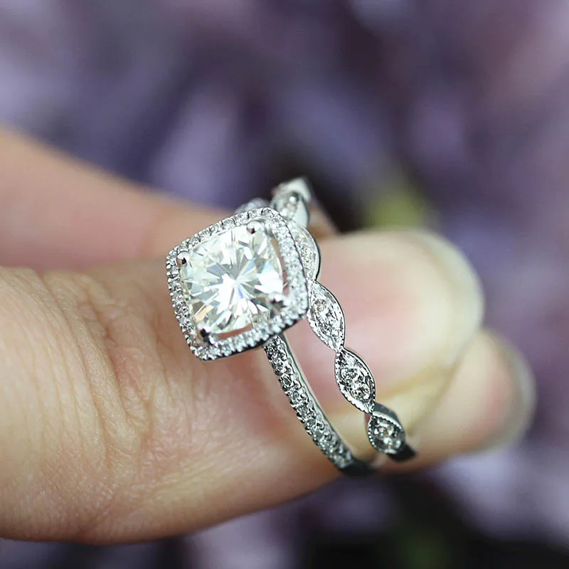 

DUPUY Cushion Cut Moissanite Ring Set&Shiny Half Eternity Diamond Wedding Ring Set 14K White Gold Bridal Ring Set D180382