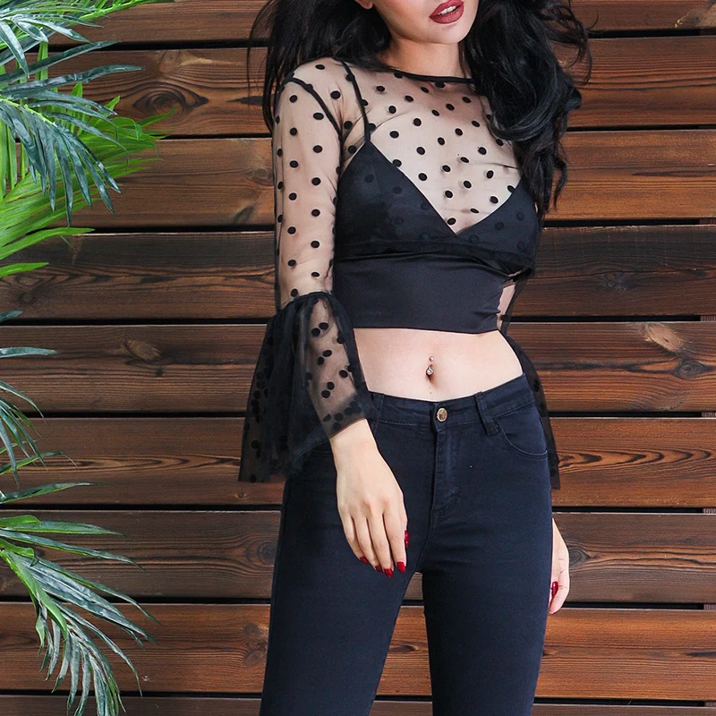 

2017 Autumn Essential Very Sexy See Trough Mesh Blouse Ultra Short Women Top Big Flare Sleeve Stylish Dot Polka Low Cut