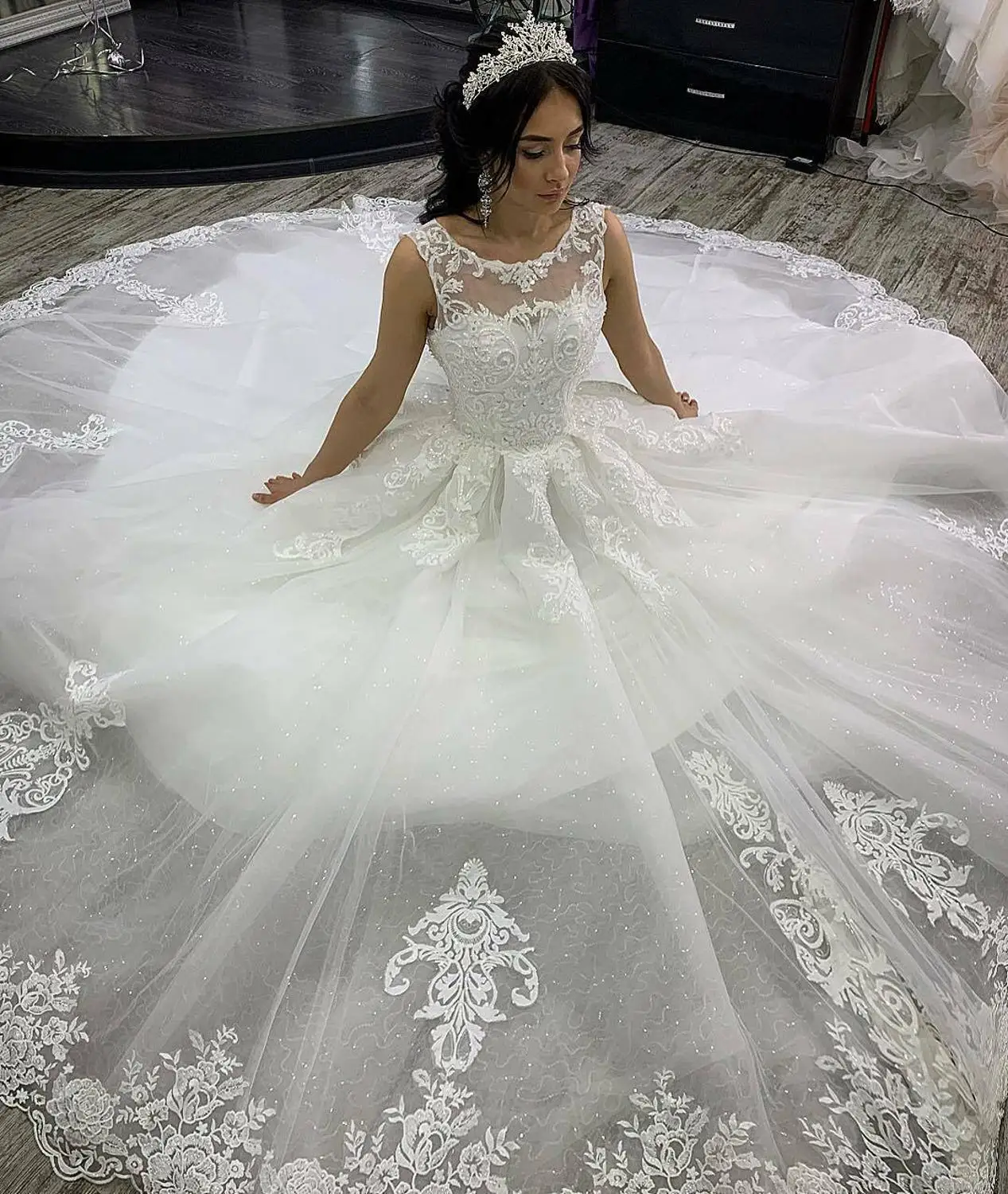 2019 Кружевное белое/слоновое свадебное платье без рукавов бальное принцессы с