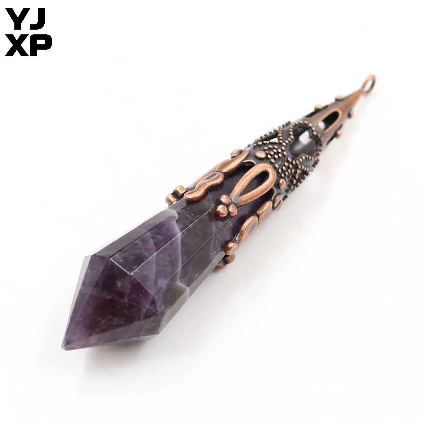 YJXP Hexagon Prism Point Pendant Chain Necklaces for Women Men Vintage Red Copper Natural Amethysts Crystal Stone Charms Jewelry | Украшения