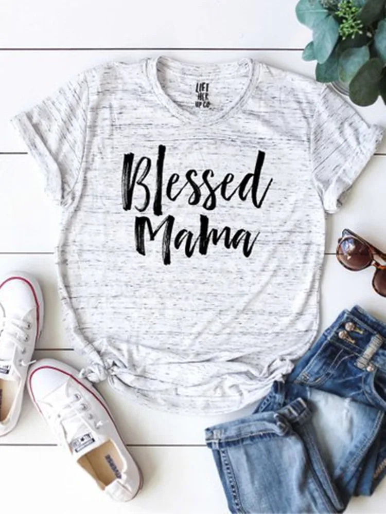 Женская хлопковая Футболка с v образным вырезом Blessed Mama Повседневная Мягкая