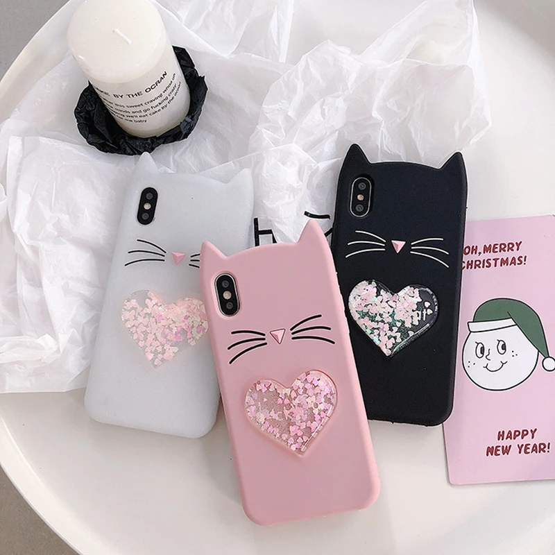 Tfshining Cute Liquid heart quicksand Cases Cover For Iphone XR XS Max 7 8 6 6s Plus X 3D Cartoon Beard Lucky Cat Silicone Case |