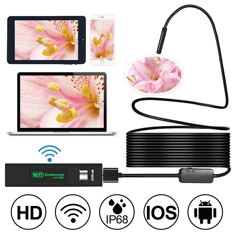 Wifi эндоскоп камера HD 1200P 1-10 м мягкий провод IP68 Водонепроницаемый змея трубка инспекция Android ios беспроводной бороскоп камера