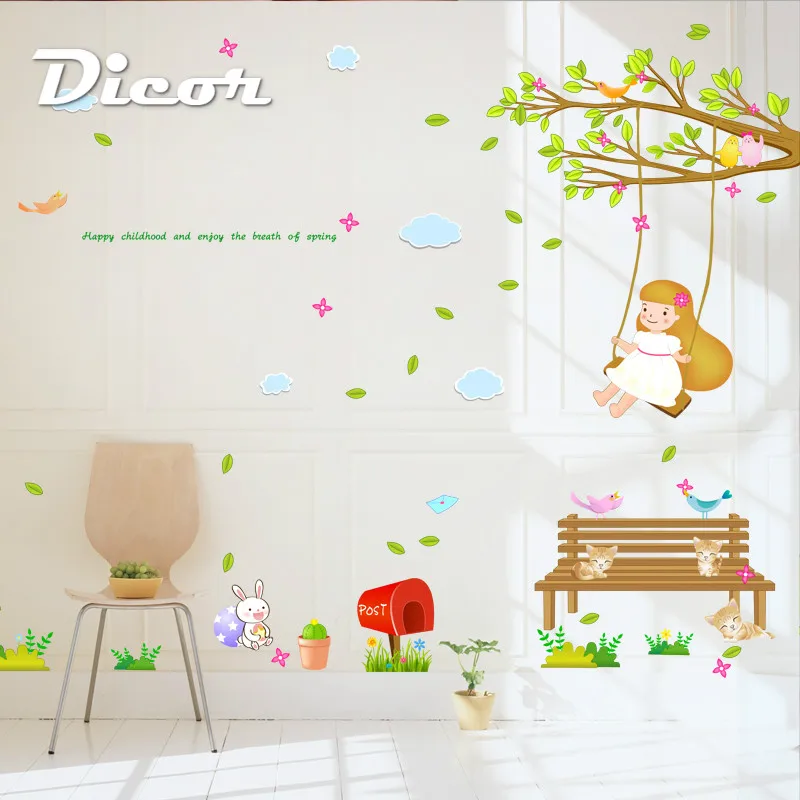 DICOR DIY милые качели девушка наклейки на стену для детей комнаты Декор дома
