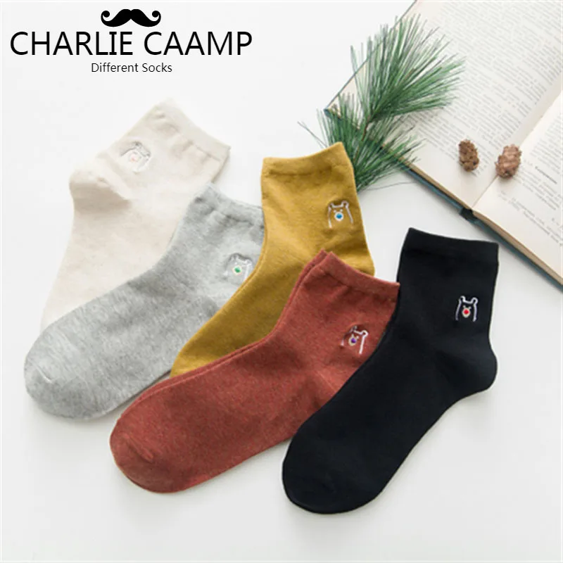 

5 шт./лот; женские носки; сезон осень-зима; Новинка; хлопковые Повседневные носки с вышивкой в виде животных и головы медведя; S237