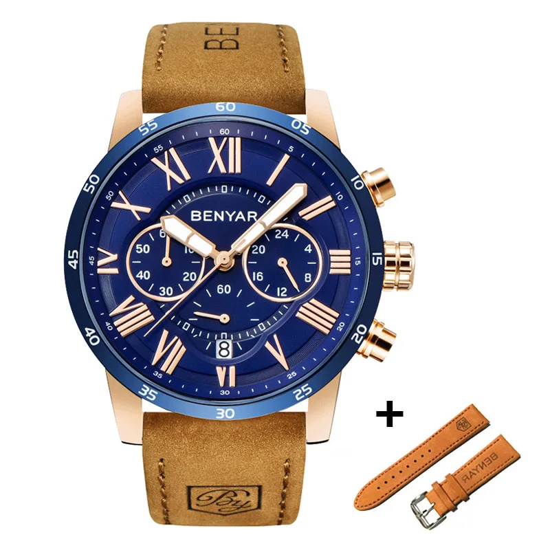 L Brown Gold Blue BENYAR часы для мужчин набор люксовый бренд кварцевые часы Мода хронограф Спорт Reloj Hombre часы мужской час relogio Masculino - Цвет: L Brown Gold Blue