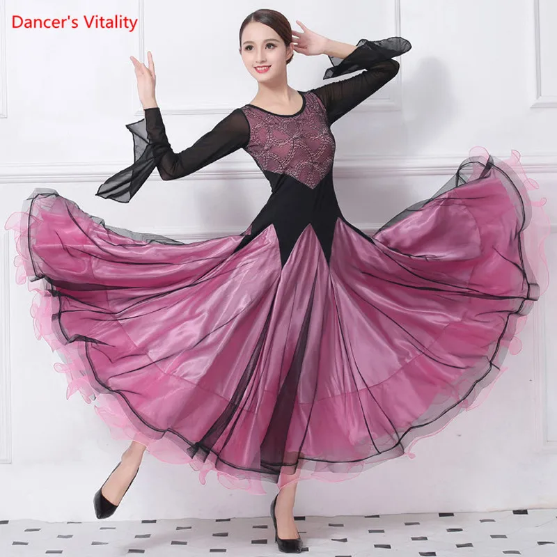 

2018 New Ballroom Dance Dresses Pagoda Sleeves Lace Splicing Big Swing Dress Women Ballroom Waltz Dance Stage Performance Clothe