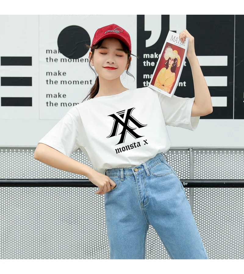 MONSTA X Kpop футболка для женщин в Корейском стиле Ulzzang короткий рукав хлопок топы футболки Летняя мода Повседневная Уличная Harajuku tumblr футболка