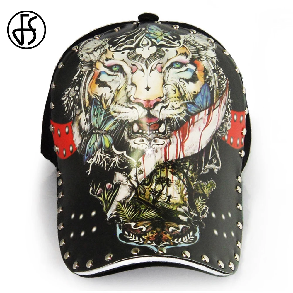 Кепка с 3D принтом в виде тигра FS Черная кепка заклепками для мужчин и женщин