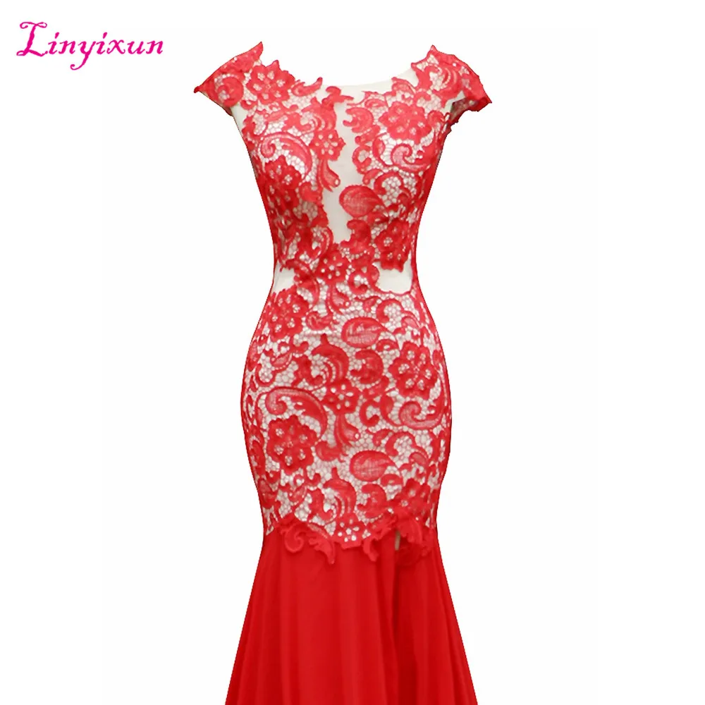 Linyixun реальные фото Русалка Вечерние платья 2017 Vestido de festa с коротким рукавом