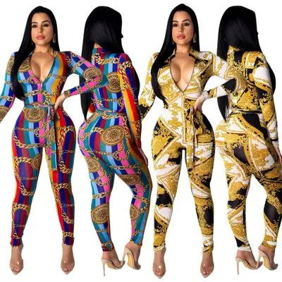 2019 женский облегающий костюм на молнии с длинными рукавами и принтом в виде