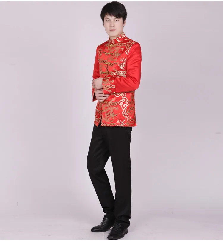Красная туника традиционный топ с воротником стойкой мужской костюм вышивкой