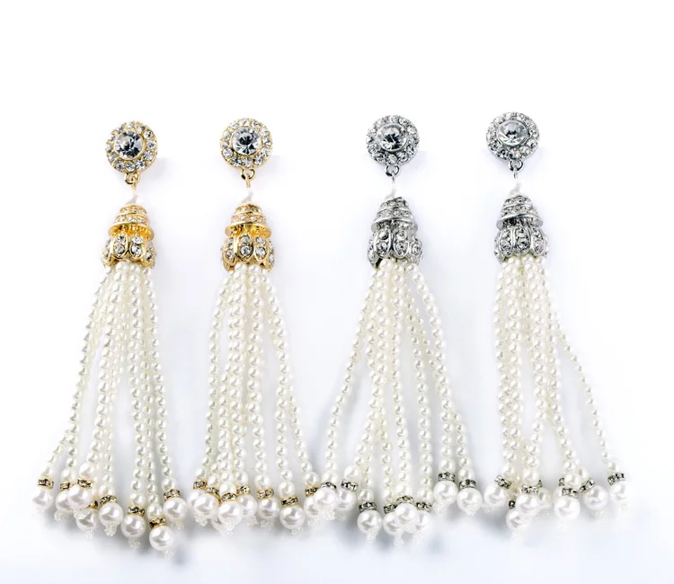 Elegant Pearl Drop Earring Gold &amp Silver Color Diamante Tassel Beaded Wedding Long Fashion Women Jewelry | Украшения и