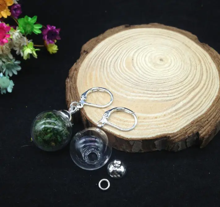 1pair 16*4mm Handmade round glass globe &amp ear hook vial with green moss diy earring wire wishing bottle jewelry | Украшения и