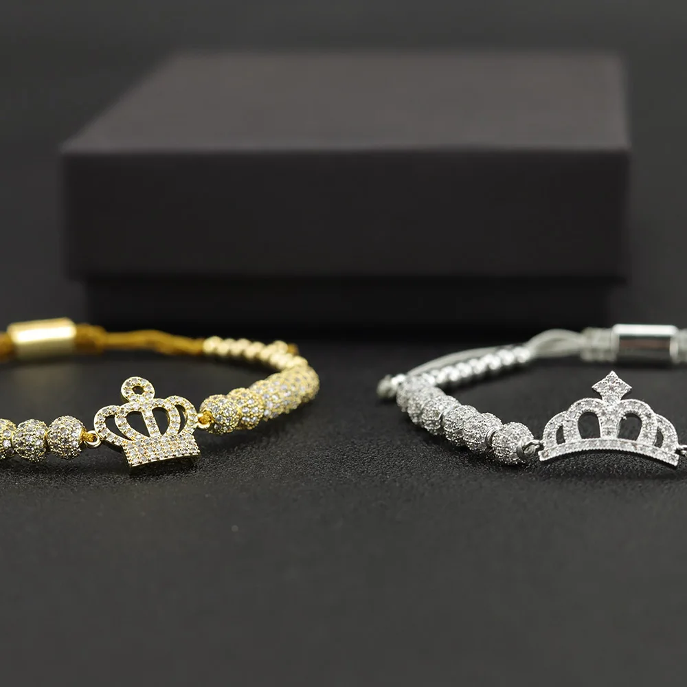 Роскошный CZ queen браслет с короной шар Шарм медные бусины макраме ручной работы женские браслеты для женщин ювелирные аксессуары