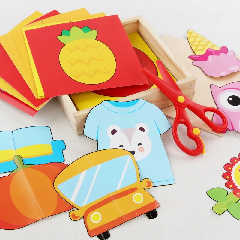 60pcs Kids cartoon color paper folding and cutting toys wooden storage box/children kingergarden art craft DIY educational toys