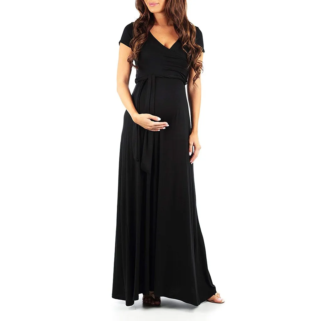 

Pregnant Women Summer Evening Party Dress Clothes Women's Pregnancy V Collar Short Sleeve Dress Maternity Solid Color