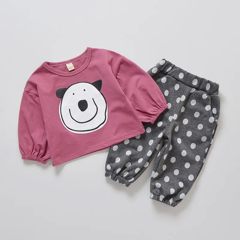 Комплект детской одежды хлопок милый мультфильм шаблон рубашка + Dot Print Pant модные
