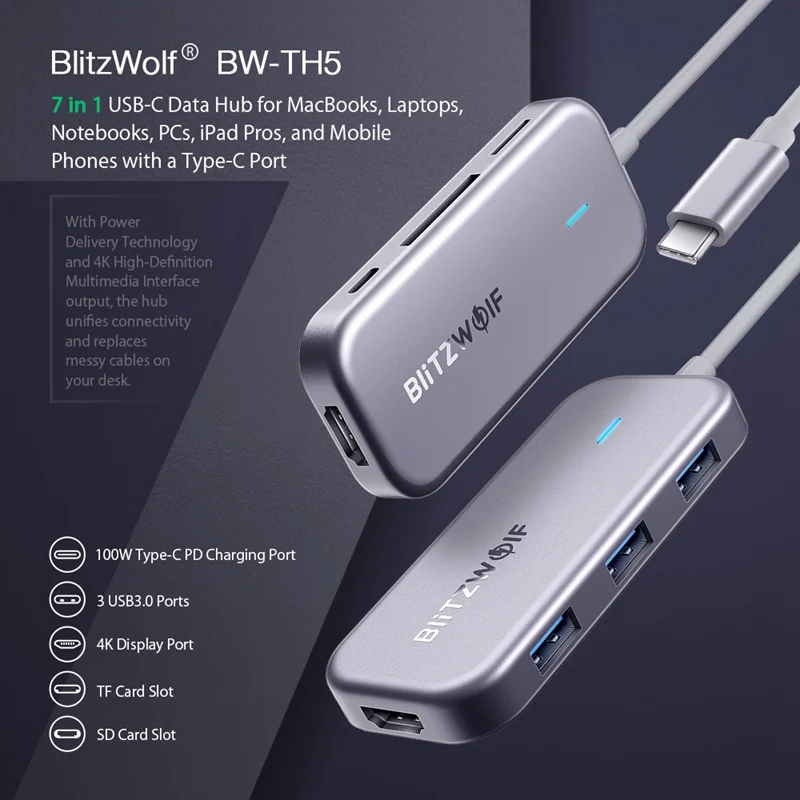 BlitzWolf BW-TH5 7 в 1 USB-C концентратор данных с 3 портами USB 3,0 TF кард-ридер USB-C PD Зарядка 4K дисплей для MacBooks для iPad