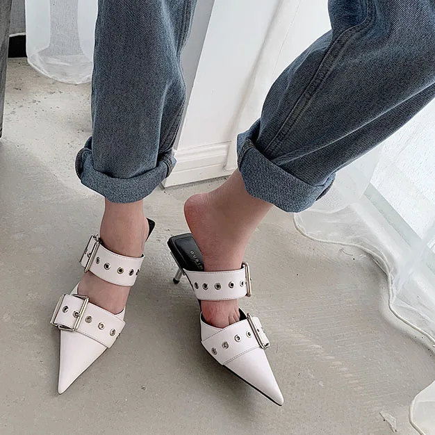 Мюли женские кожаные на ремешке с острым носком дизайнерские туфли без задника