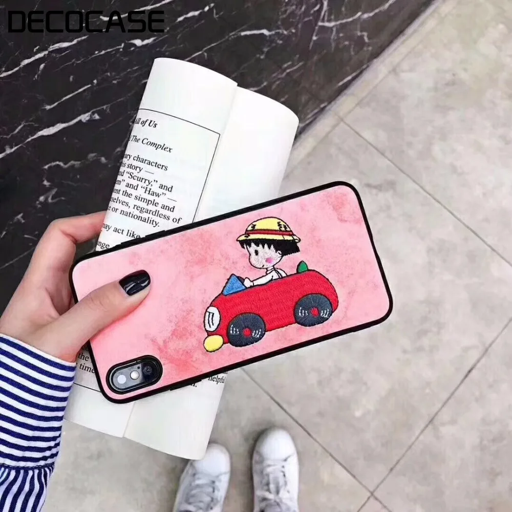 DECOCASE Cute PU Leather Pink Red Japan Anime Embroidery Women Couple Phone Cases for iPhone 6 6s 7 8 Plus X XR XS Max |