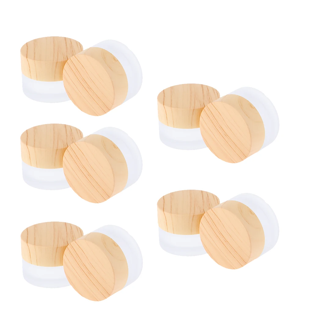 Set of 10 5g Environmental Wood Texture Lids Frosted Glass Bottles Cream Jars Empty Cosmetic Comtainers w/ Inner Linners | Красота и