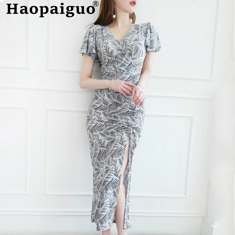 

Plus Size Korean Style Sheath Bodycon Wrap Dress Women Split Print Leaves Midi Dress Women Corset Summer Dress 2019 Robe Femme