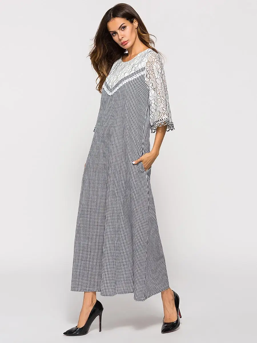 Muslim Women Long Maxi Dress A-line Plaid Lace Patchwork 3/4 Sleeve Abaya Gown Summer O-neck Islamic Clothing Arab | Тематическая