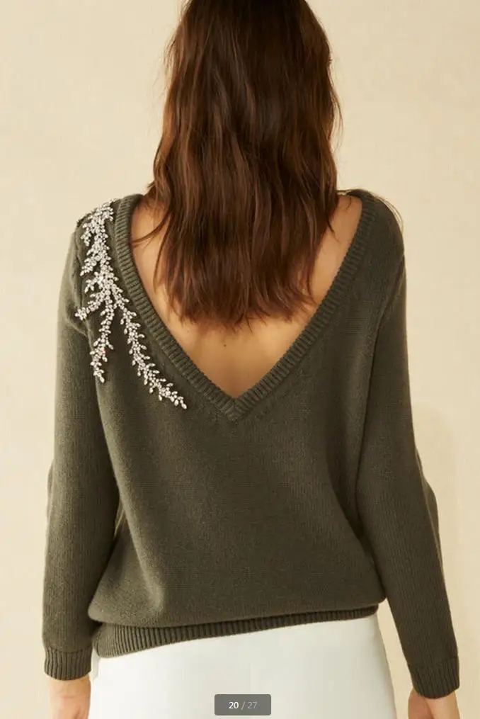 2020 Luxury diamond beading cashmere woolen Sweater female deep V-neck Crystals Beading Knitwear Sweaters Pullover tops wq887
