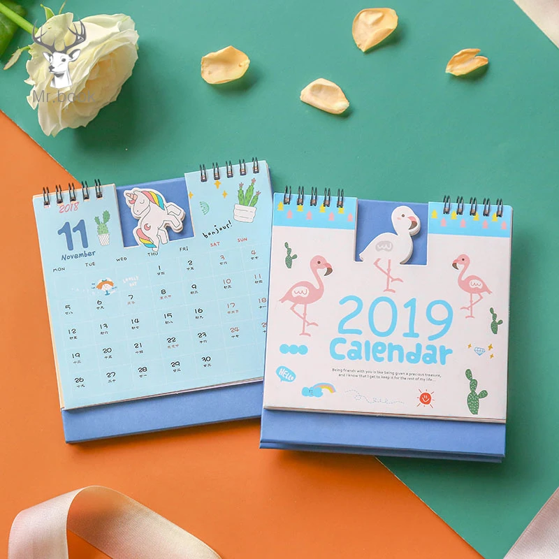 

2019 NEW Kawaii Cartoon Pig Flamingo Calendar 15*16cm Creative Desk Vertical Paper Multi-function Timetable Planner Book