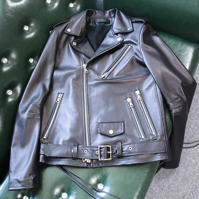 Роскошное байкерское пальто из натуральной овечьей кожи байкерская куртка