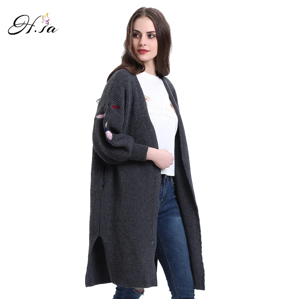

H.SA Women Cardigans 2016 Latern Sleeve Split Long Cashmere Jumper V neck Knitted Wear Spring Autumn sudaderas Poncho Sweaters